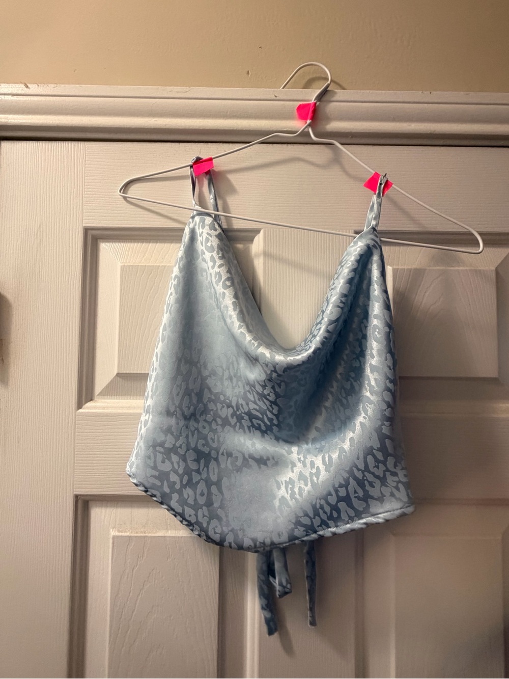 Light Blue Satin Cowl Neck Tank Top with Subtle Animal Jacquard
